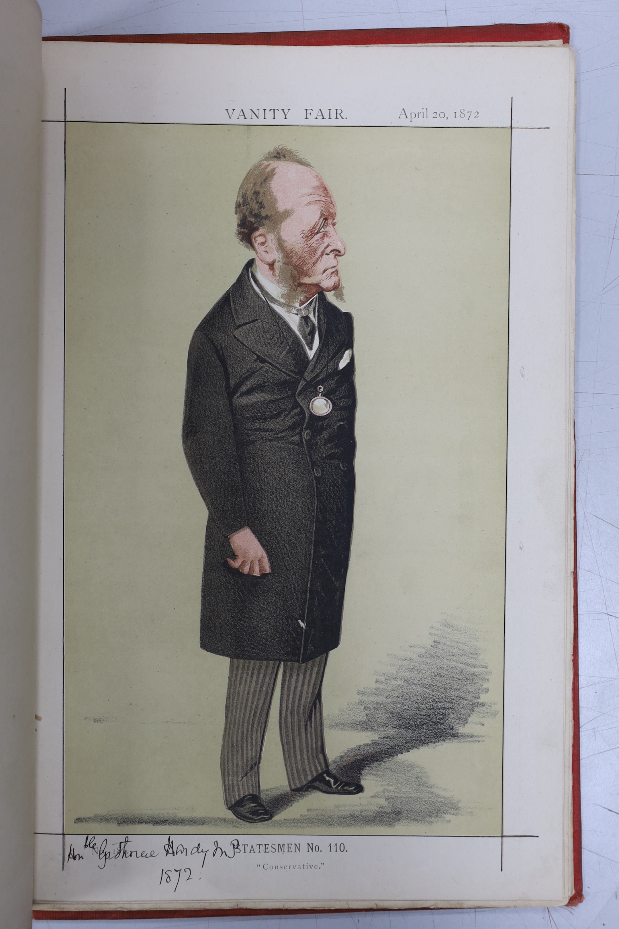 Vanity Fair, folio of prints for 1872, including Frederick Layton (no.46) and Sir Michael Costa (no.47), 38 x 25cm